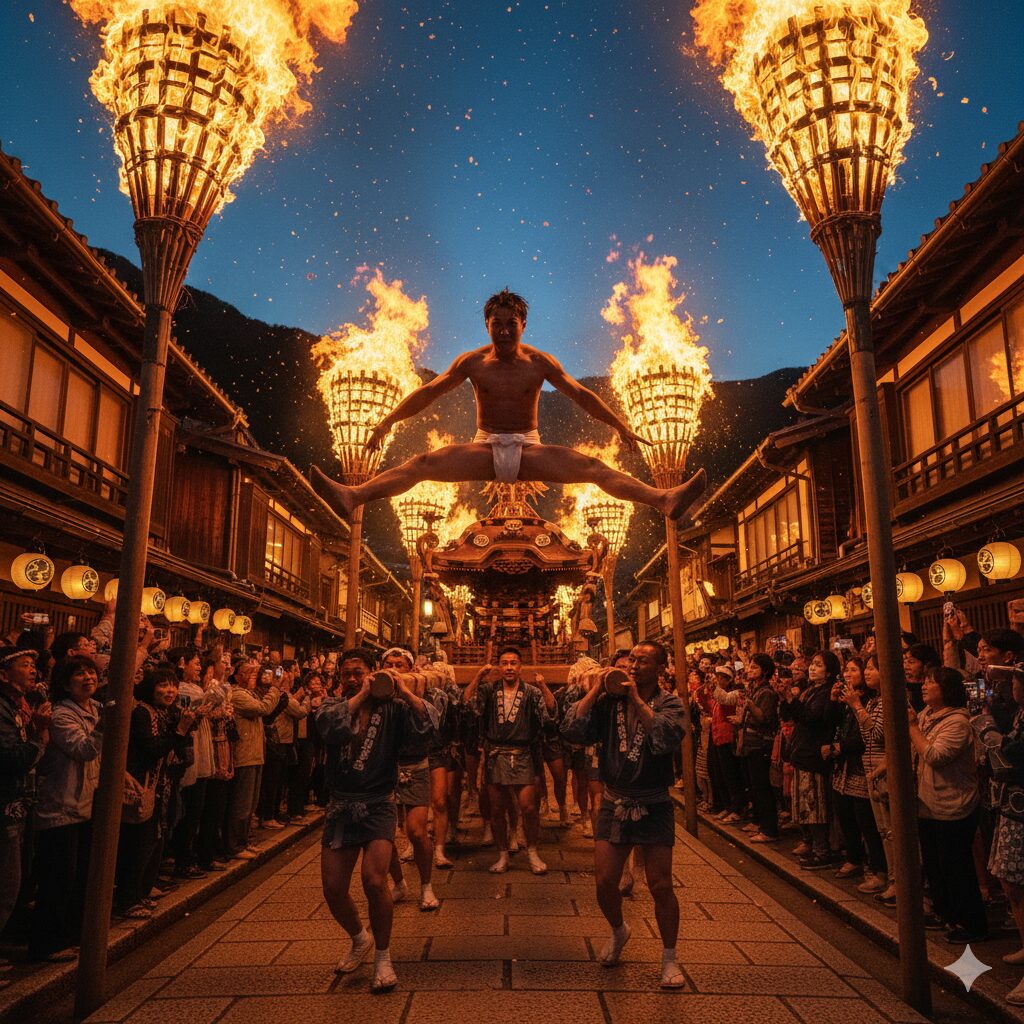 京都の鞍馬の火祭で、裸の男性が松明の炎が燃え盛る中、神輿の担ぎ棒に逆さでぶら下がる「チョッペンの儀」の様子。