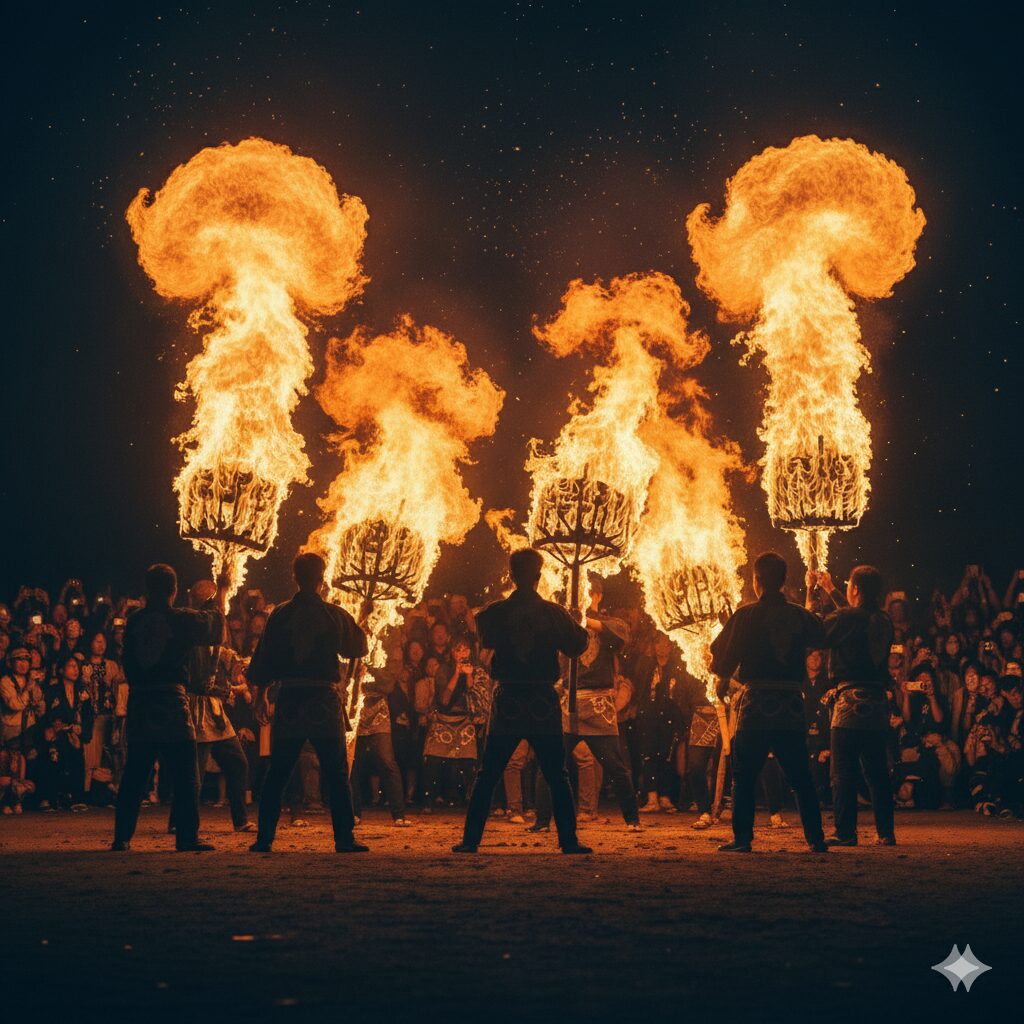 鞍馬の火祭で、数多くの人々が巨大な松明を担ぎ、火の粉が舞い上がる壮大な行列が夜の街道を進む様子。
