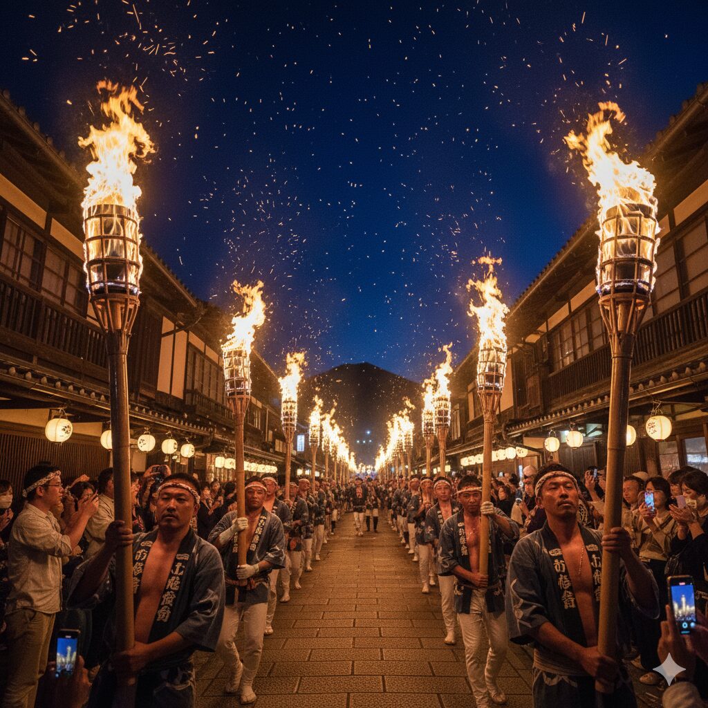鞍馬の火祭で、松明を持った日本の人々が伝統的な衣装をまとい、街道をゆっくりと進む様子。
