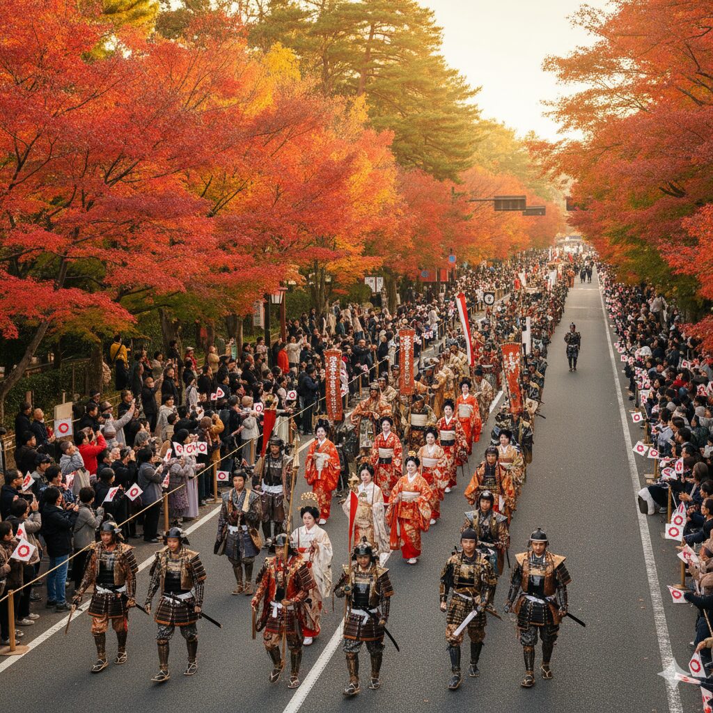 時代祭の行列が紅葉に彩られた京都の街路を進む様子。歴史的な衣装をまとった人々が多数参加している。