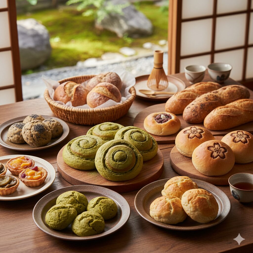 京都のパン文化を象徴する、抹茶パンやあんぱんなど様々な種類のパンが並べられたテーブル