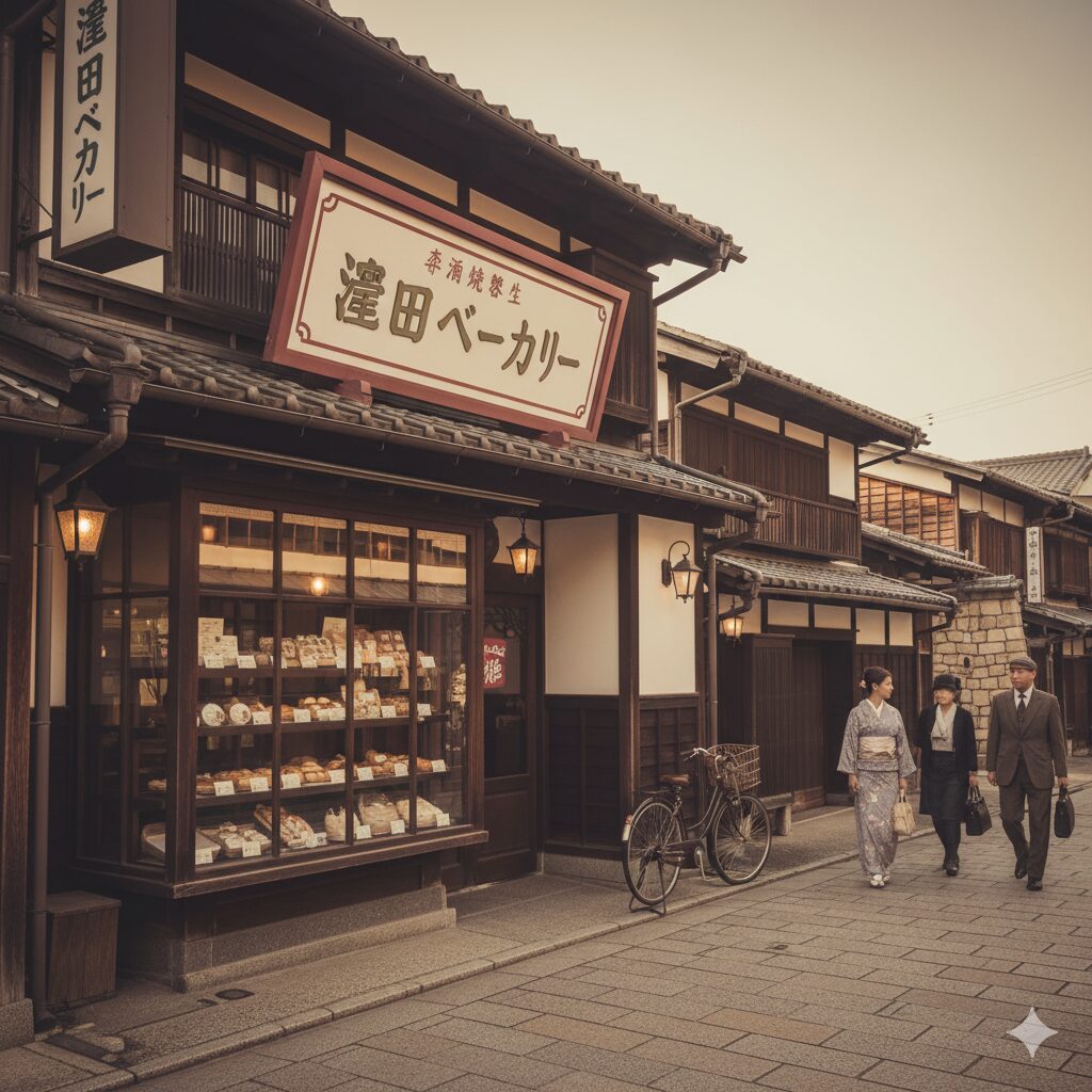 京都のパン文化の歴史を感じさせる、大正時代を彷彿とさせるレトロなパン屋の外観