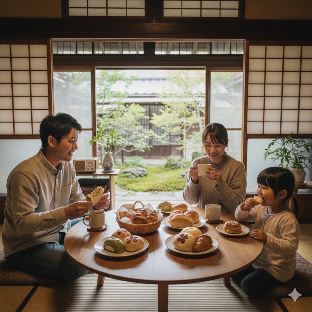 京都のライフスタイルを表現した、パンとコーヒーで朝食をとる現代の日本人家族 