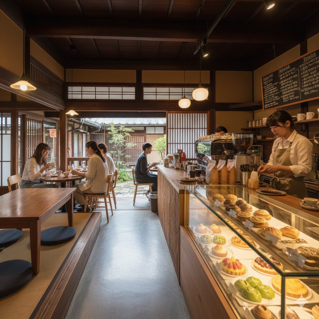 京都のコーヒー文化を体現する、町家を改装したおしゃれなベーカリーカフェの店内