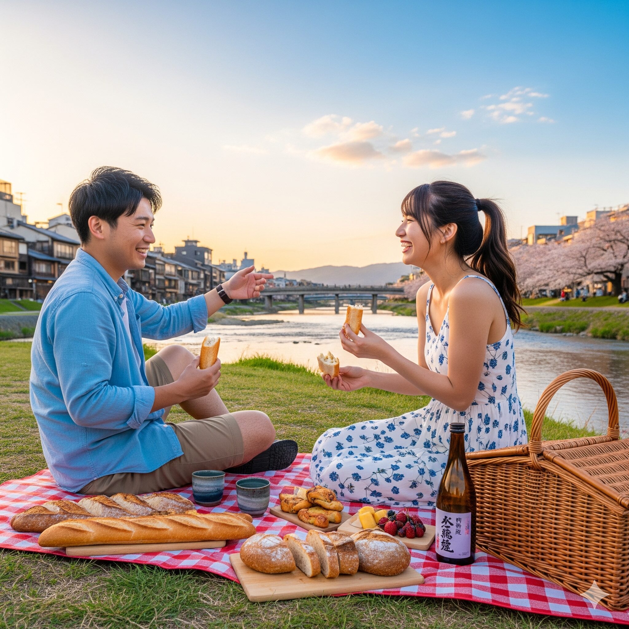 京都観光の楽しみ方の一つとして、鴨川のほとりでパンをピクニックする若いカップル