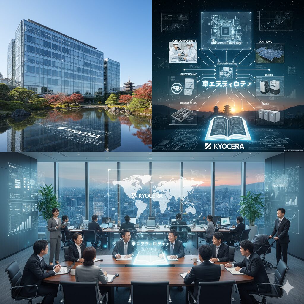 京セラ本社ビルを背景に、ビジネスパーソンが歩く様子。京都の伝統と先進技術が融合したグローバル企業であることを示唆する。