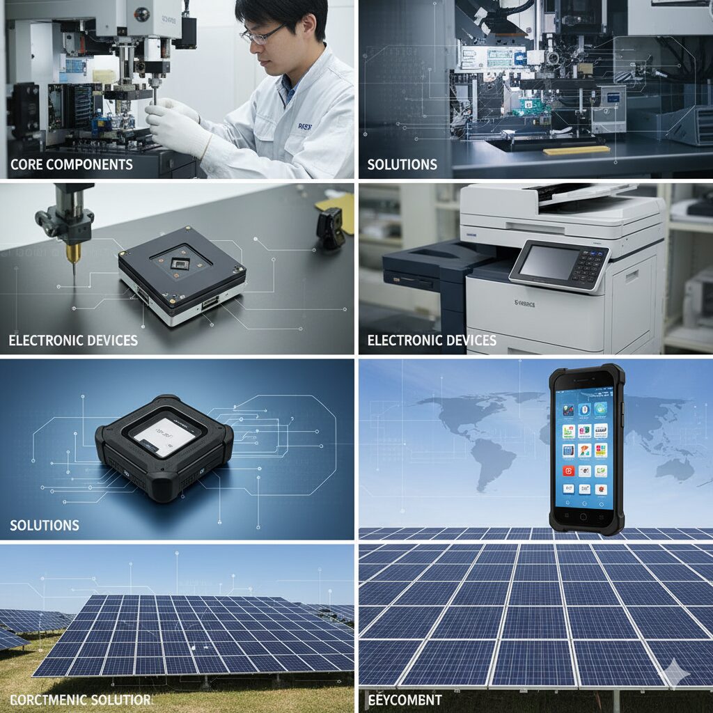 京セラの多岐にわたる事業内容を表現するコラージュ。半導体部品、電子デバイス、ドキュメントソリューション、太陽光発電システムなど、主要な製品と事業セグメントを示す。