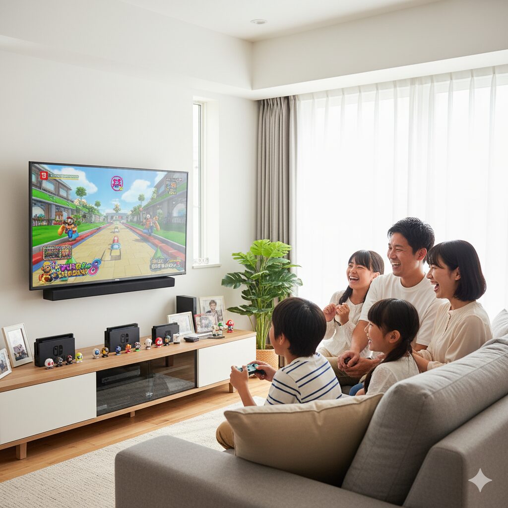 リビングで任天堂のゲームを笑顔で楽しむ日本の家族