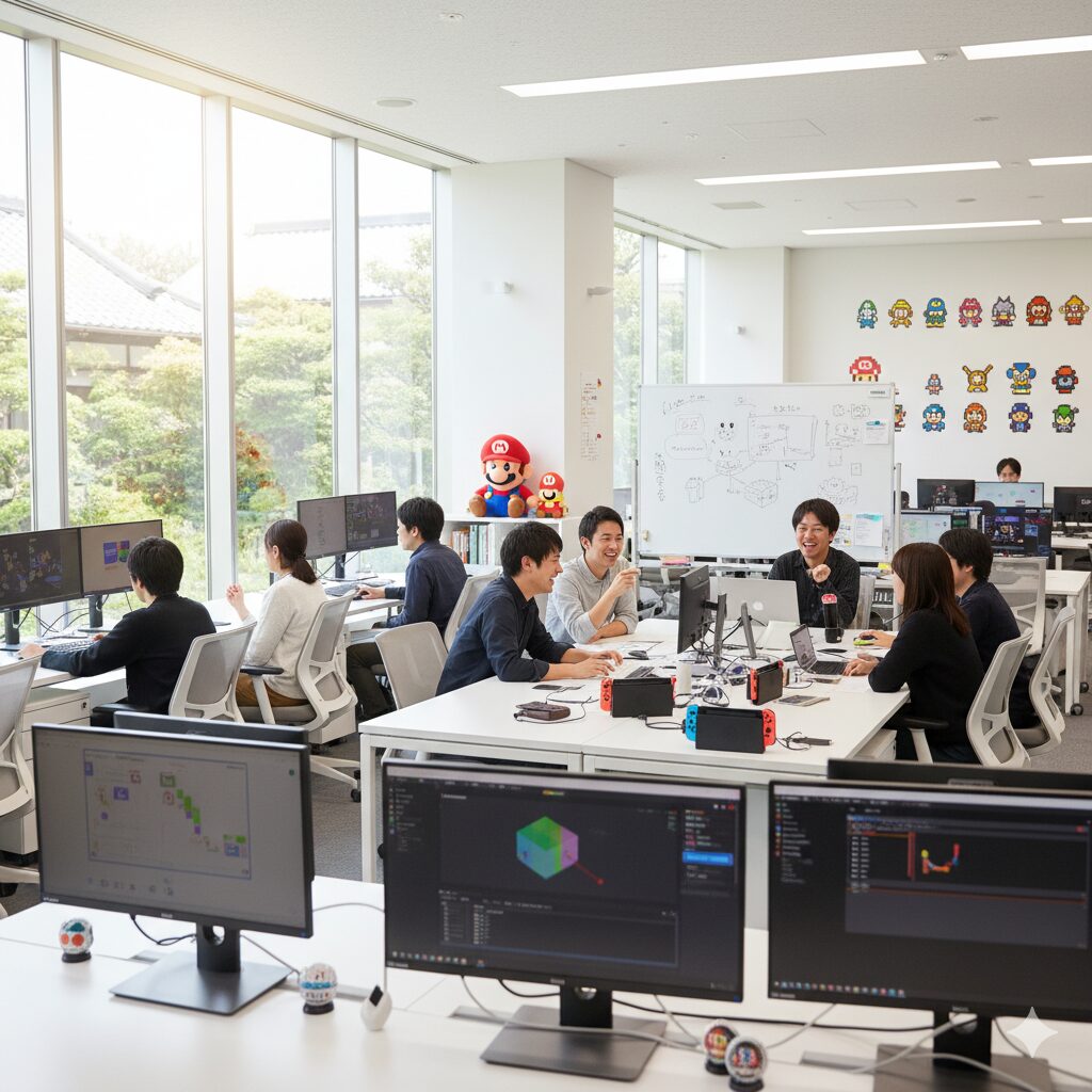 明るいオフィスで協力して新しいアイデアを生み出す任天堂の社員たち