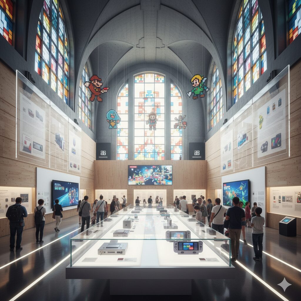 京都にあるニンテンドーミュージアムのモダンで明るい展示スペース