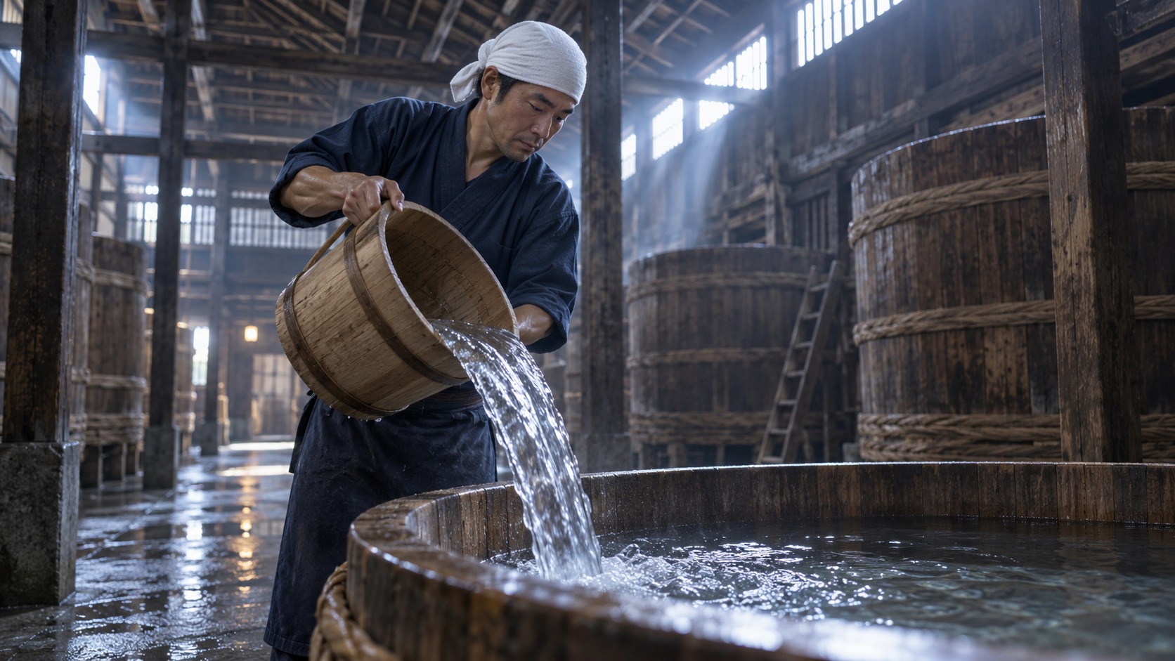 伏見の酒蔵で仕込み水を木桶へ注ぐ日本酒造りの風景
