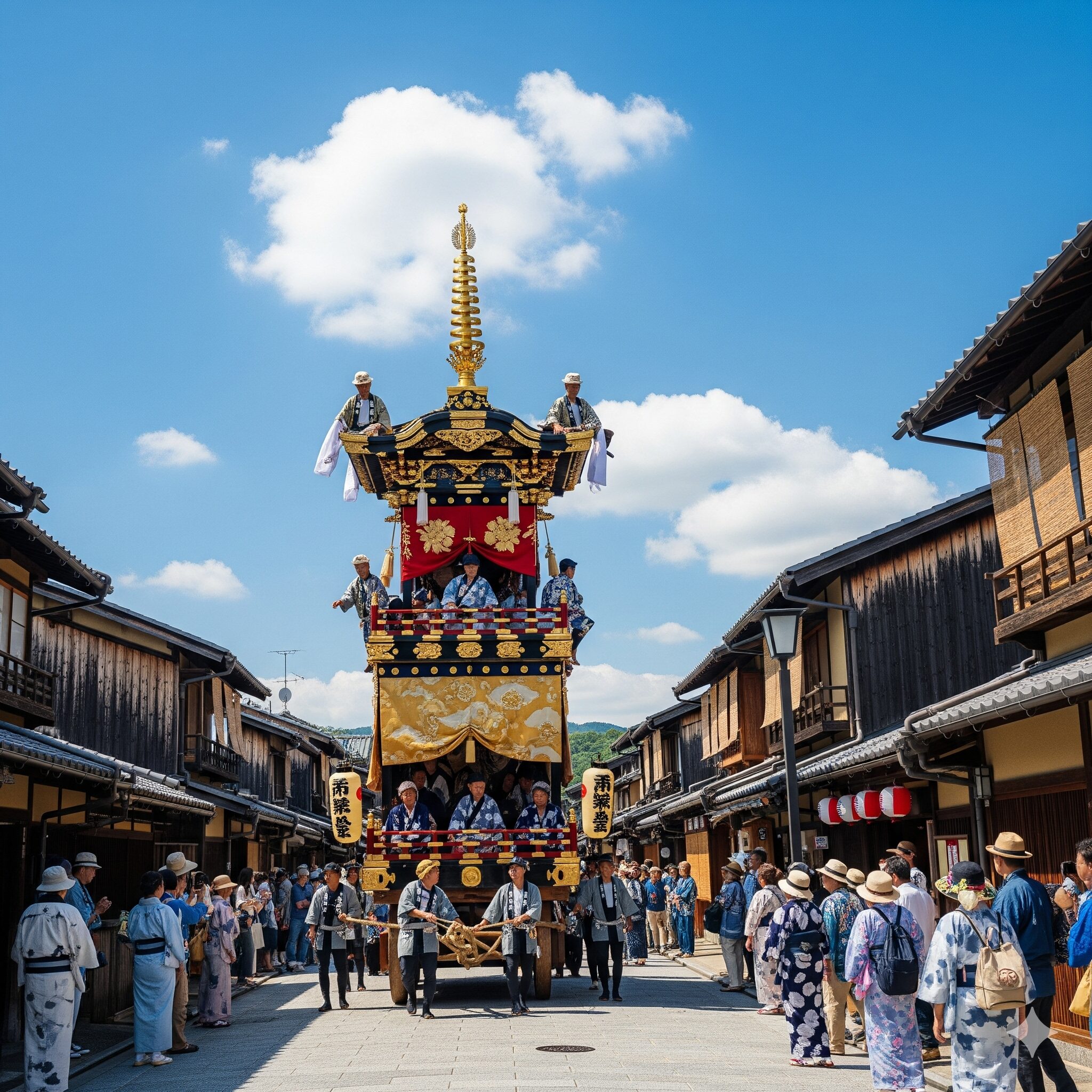 京都の夏の青空の下、豪華絢爛な祇園祭の山鉾が通りを進む様子。