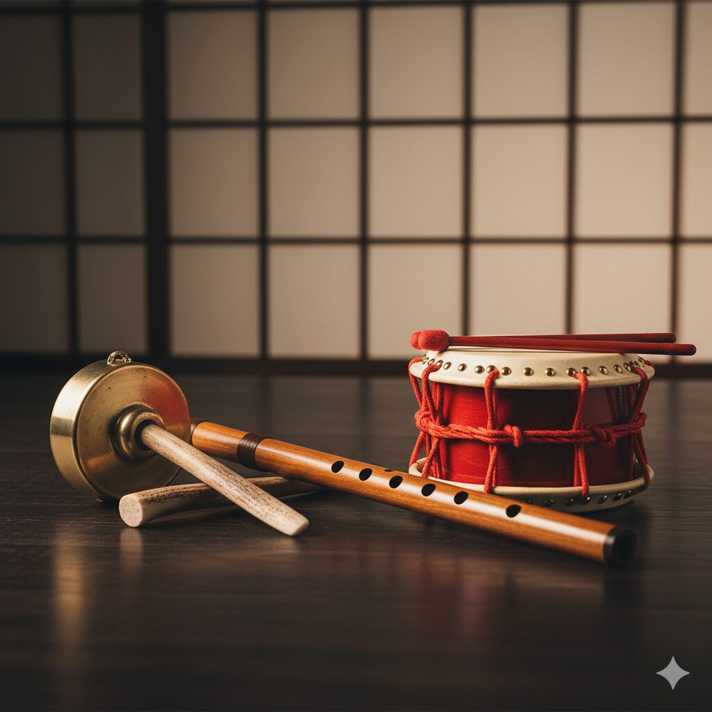 祇園囃子に使われる鉦（かね）、笛（ふえ）、締め太鼓（しめだいこ）の3つの伝統楽器を並べた写真。