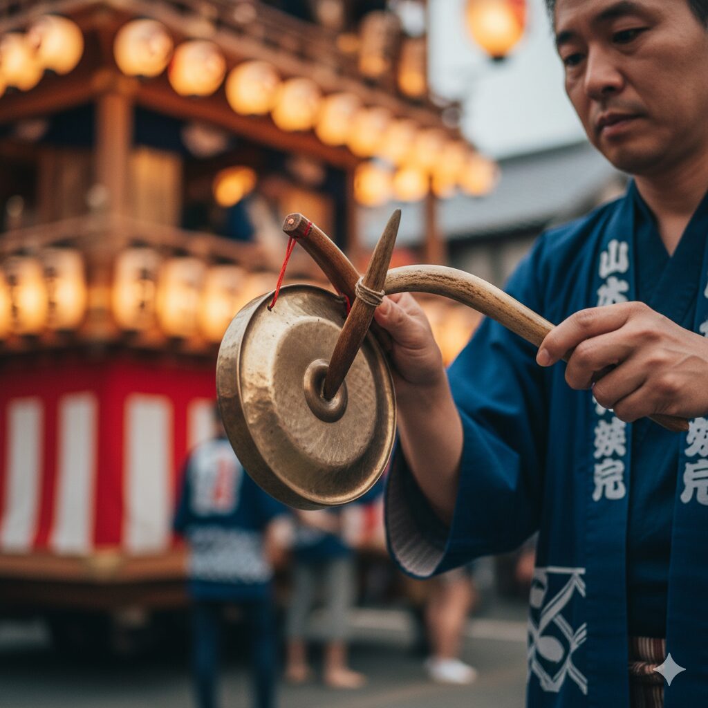 祇園祭の囃子方が、鹿の角と鯨のヒゲで作られた専用のバチで鉦（かね）を叩き、「コンチキチン」の音を奏でているクローズアップ。