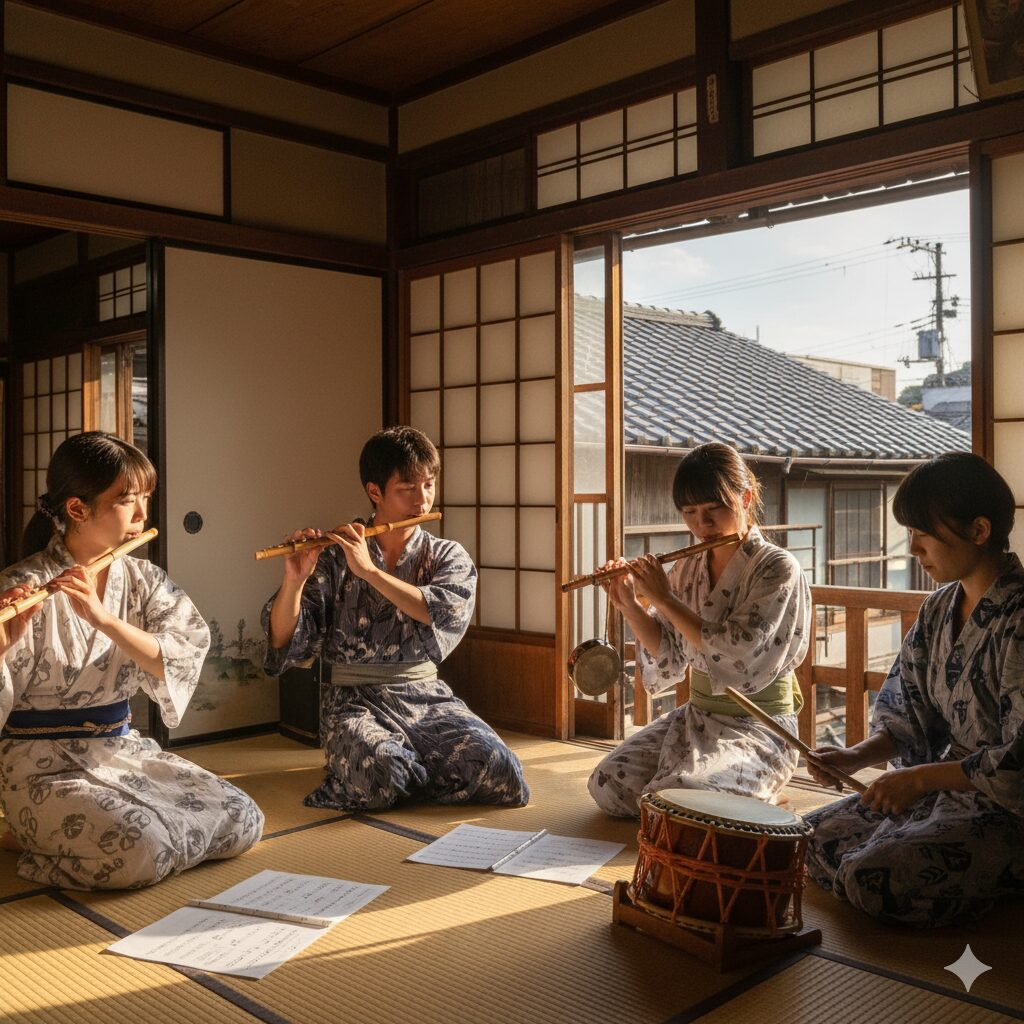 浴衣を着た日本の若者たちが、伝統的な町家の二階で祇園囃子の練習（二階囃子）に真剣に取り組んでいる様子。