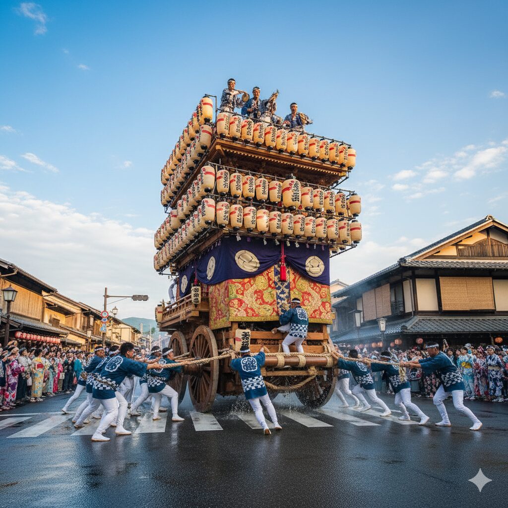 京都祇園祭の山鉾巡行で、曳き手が巨大な鉾を交差点で豪快に方向転換させる「辻廻し」の迫力あるシーン。