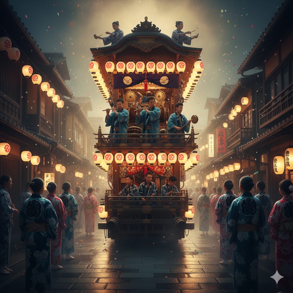 夜の祇園祭（宵山）で、駒形提灯の柔らかな光に照らされた山鉾の上で、浴衣姿の囃子方がお囃子を演奏している幻想的な風景。　