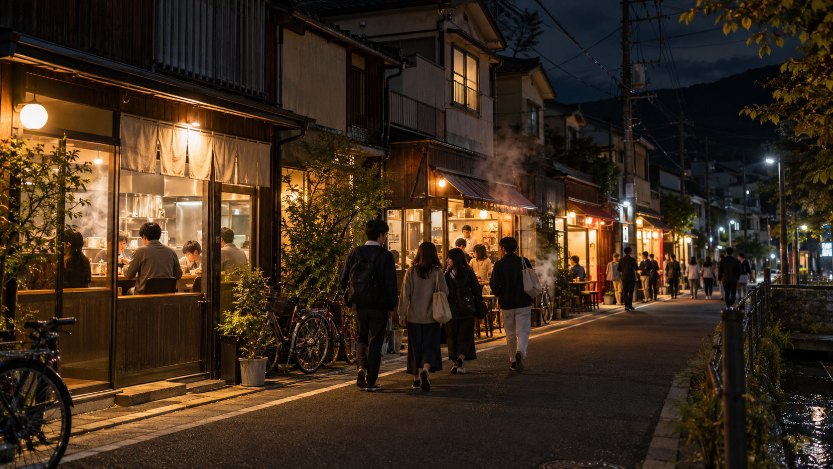 夜の京都・一乗寺にラーメン店が並ぶ街並みをイメージした風景