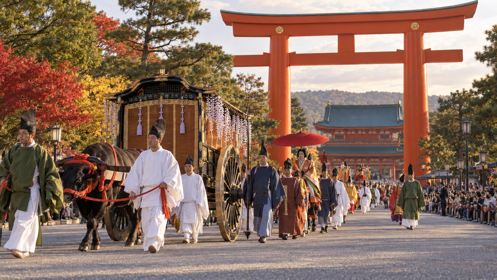 平安神宮へ向かう牛車と色鮮やかな時代装束の時代祭行列