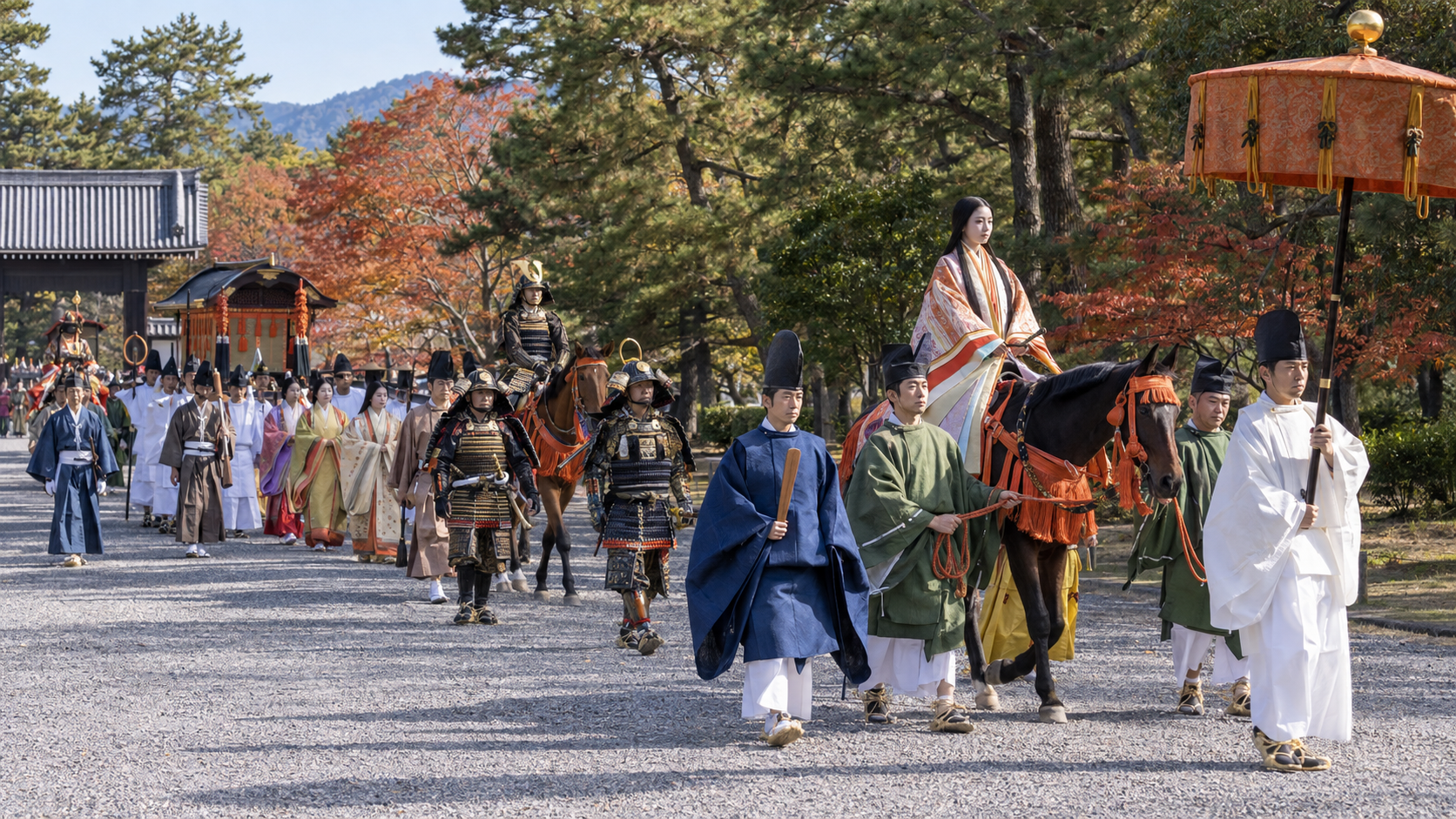 京都の時代祭で平安時代の華やかな装束をまとって進む女性列