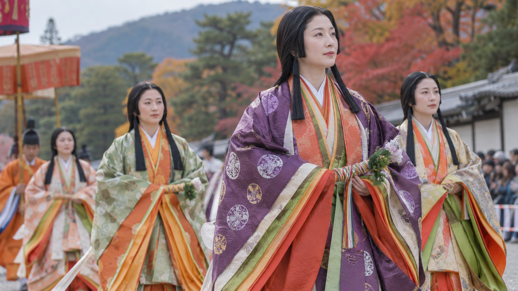 京都御苑を進む時代装束の人々と騎馬を再現した時代祭の行列