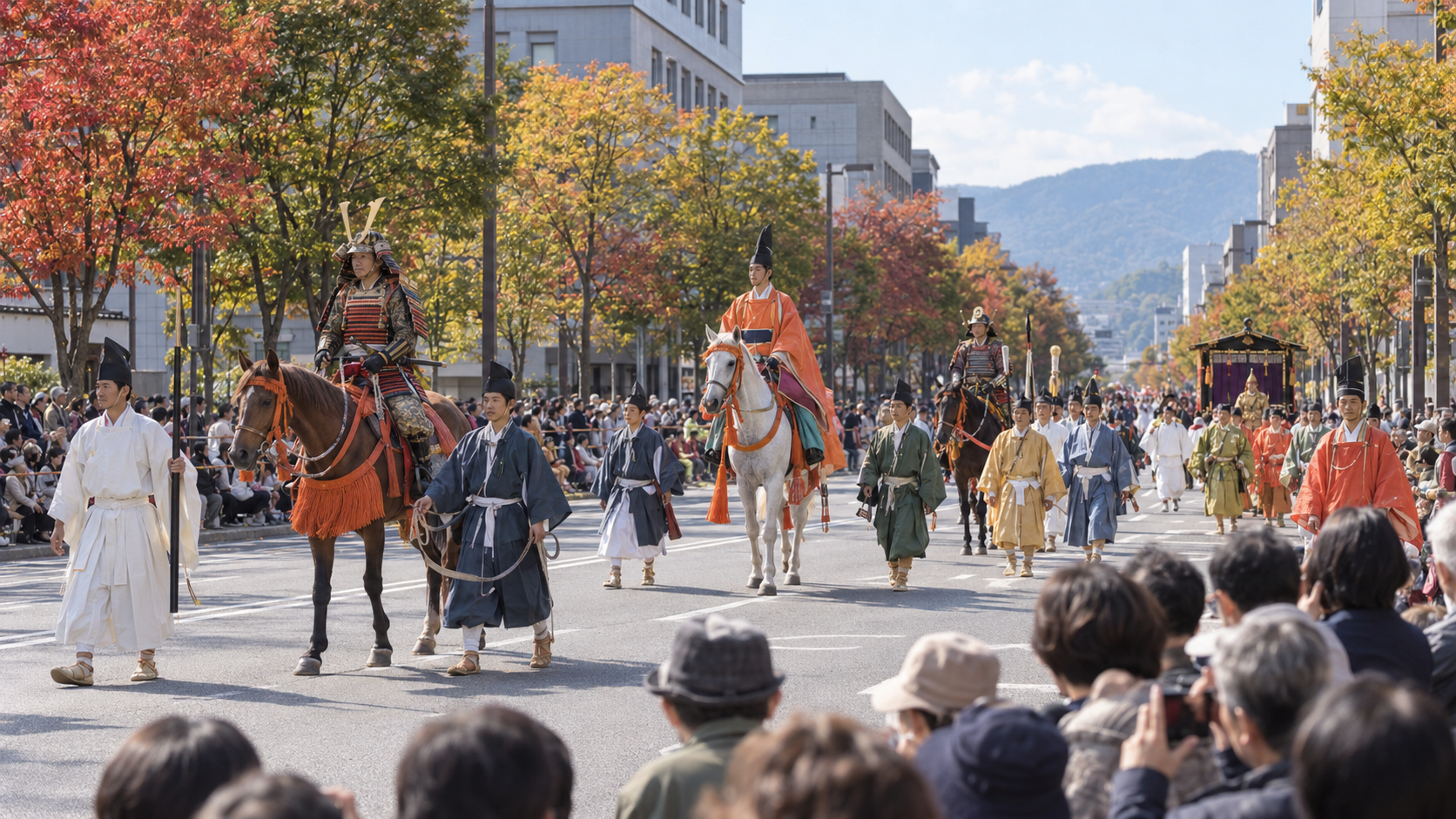 京都の御池通を進む武者や騎馬を中心とした時代祭の行列