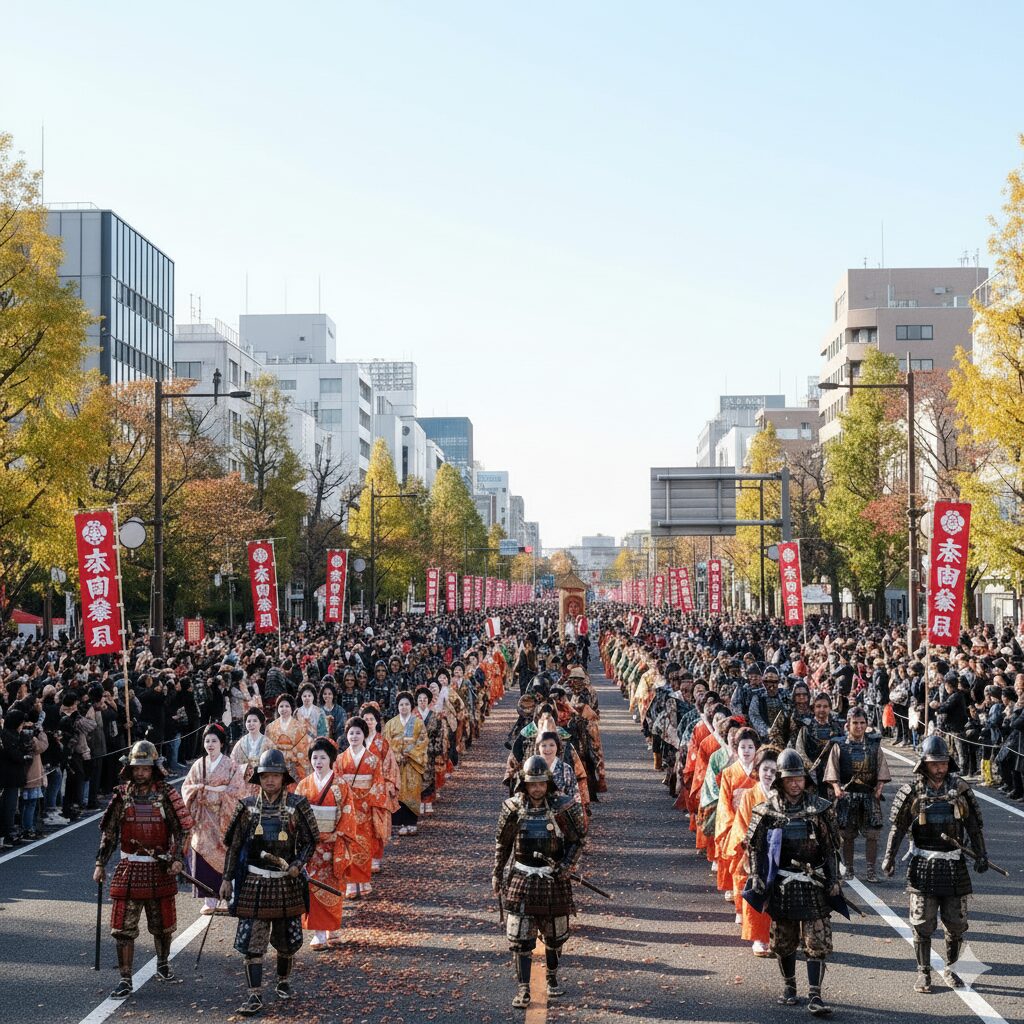京都の時代祭で色鮮やかな衣装をまとった人々が練り歩く壮大な時代風俗行列。