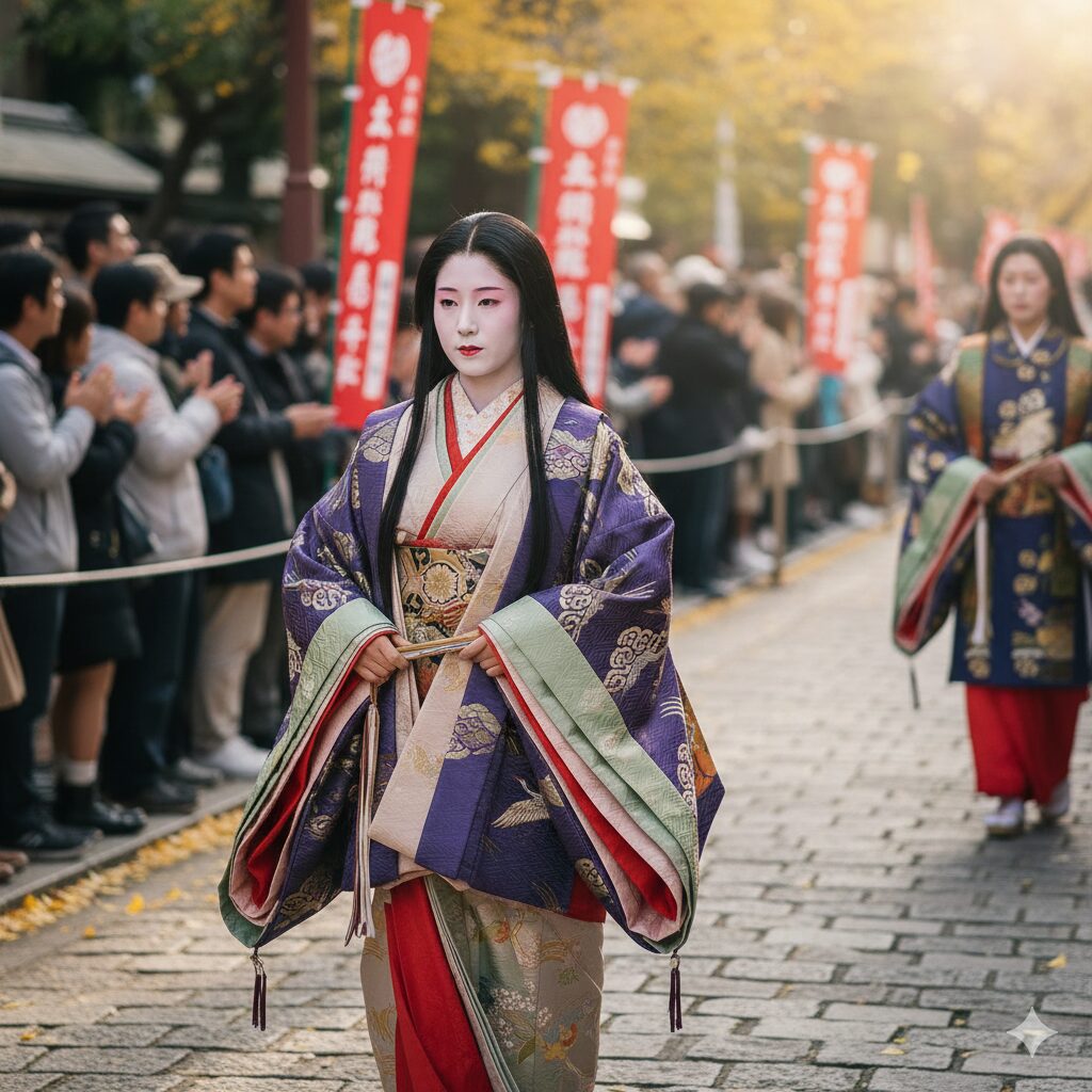 時代祭で平安時代の優雅な十二単をまとった女性参加者の美しい姿。