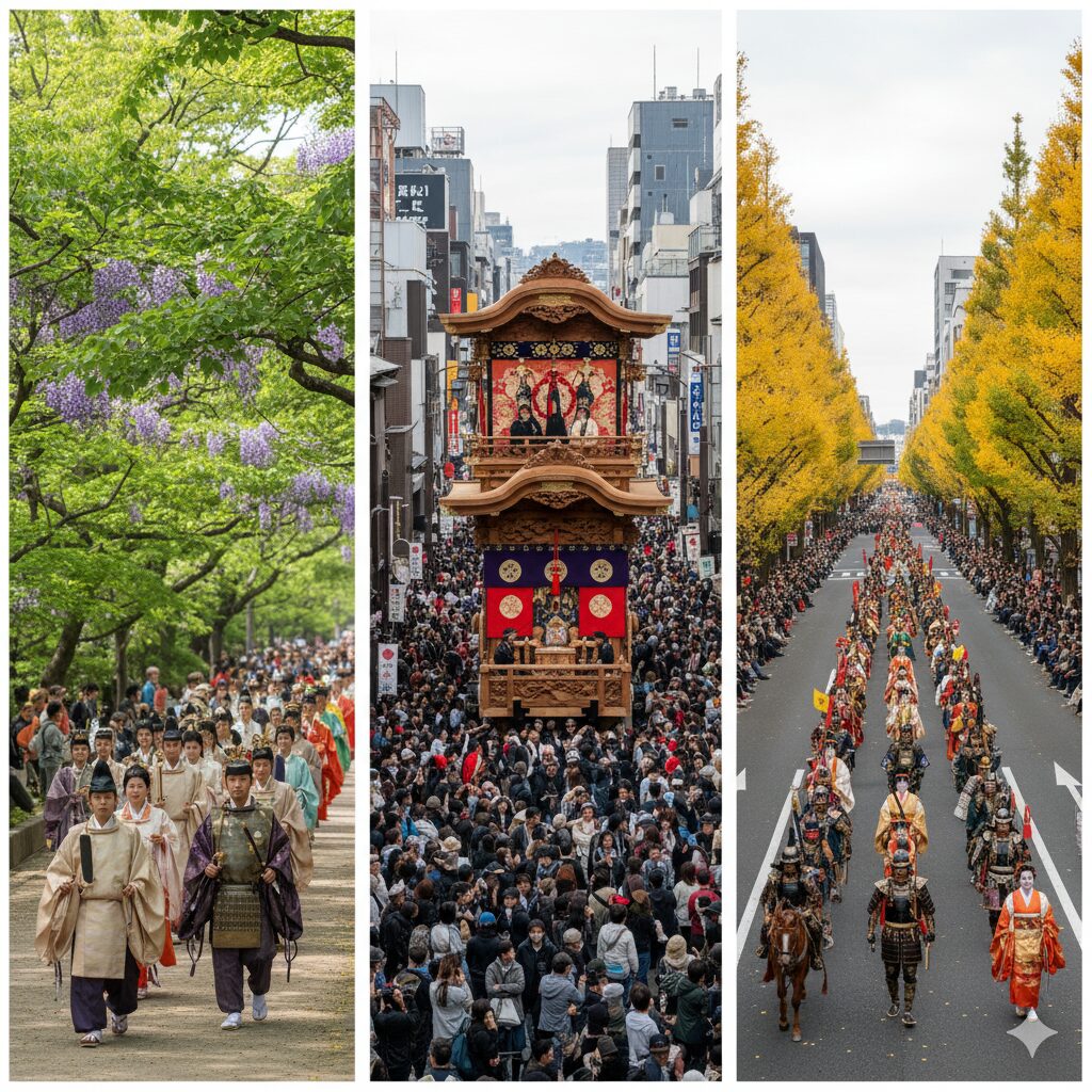 京都三大祭である時代祭、葵祭、祇園祭のそれぞれの特徴的な行列風景を比較した画像。
