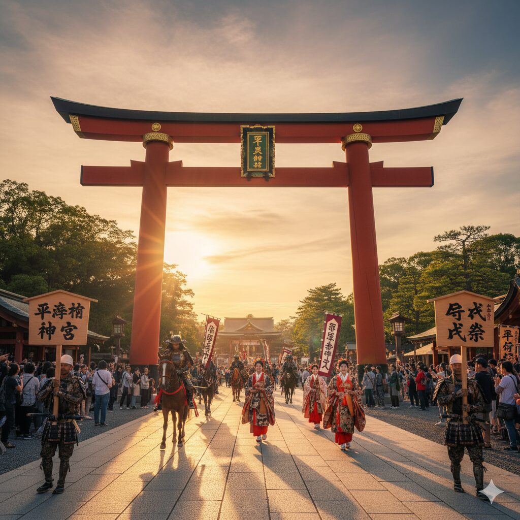 平安神宮の大鳥居をくぐり、ゴール地点へと向かう時代祭の荘厳な行列。