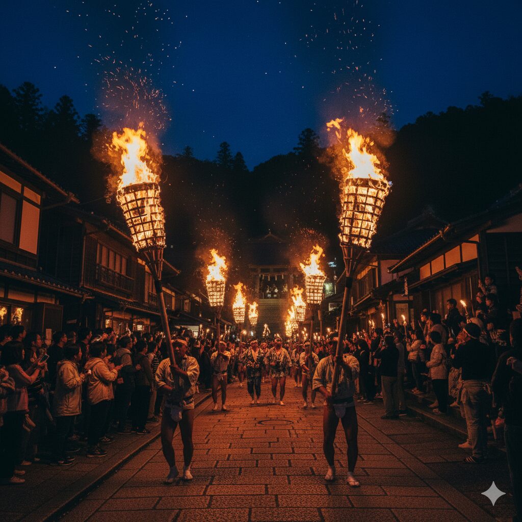時代祭と同日開催される鞍馬の火祭で、巨大な松明が燃え盛る神秘的で勇壮な夜の風景。