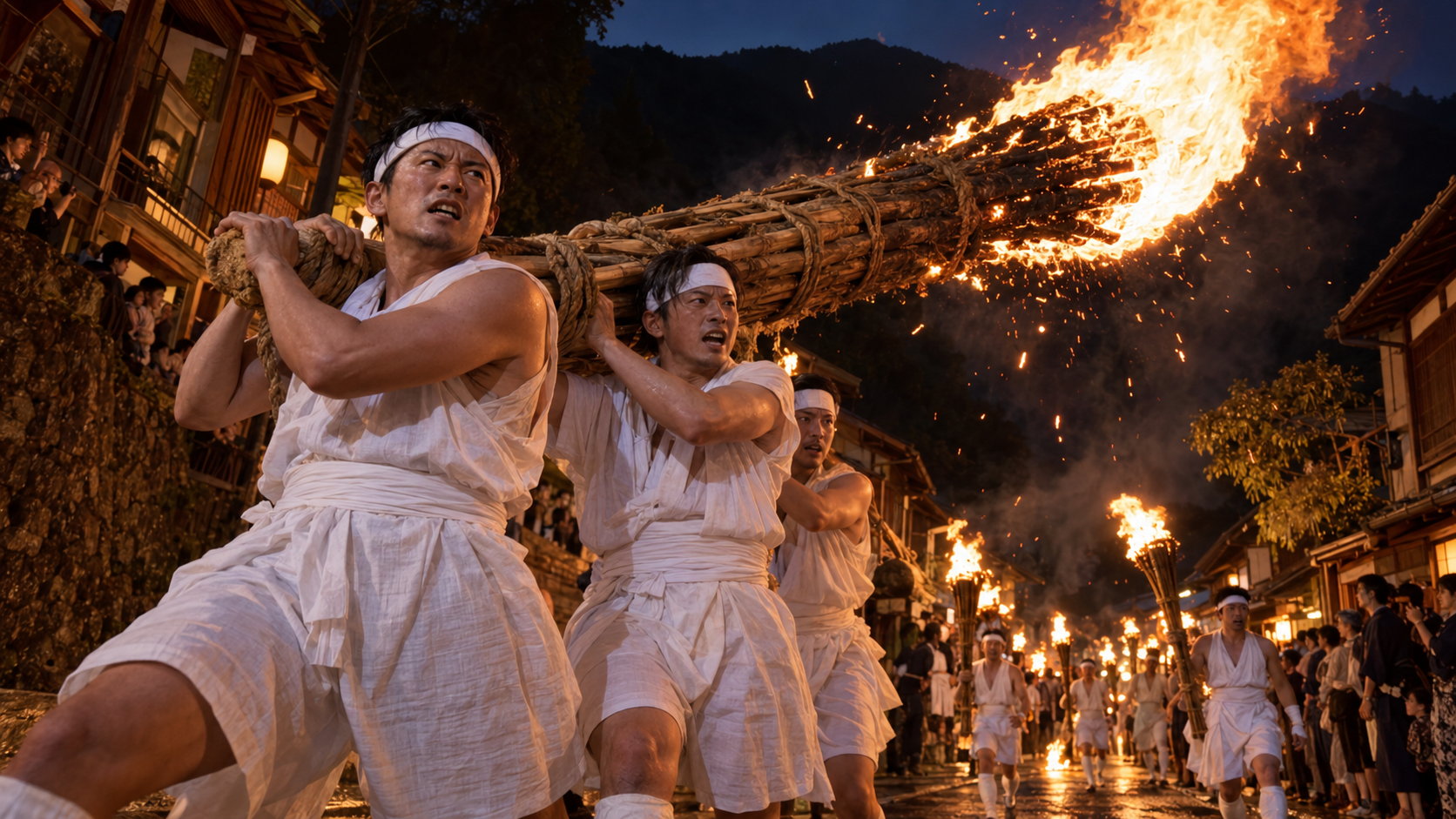 京都の鞍馬の火祭で巨大な松明を担いで夜の街道を進む人々
