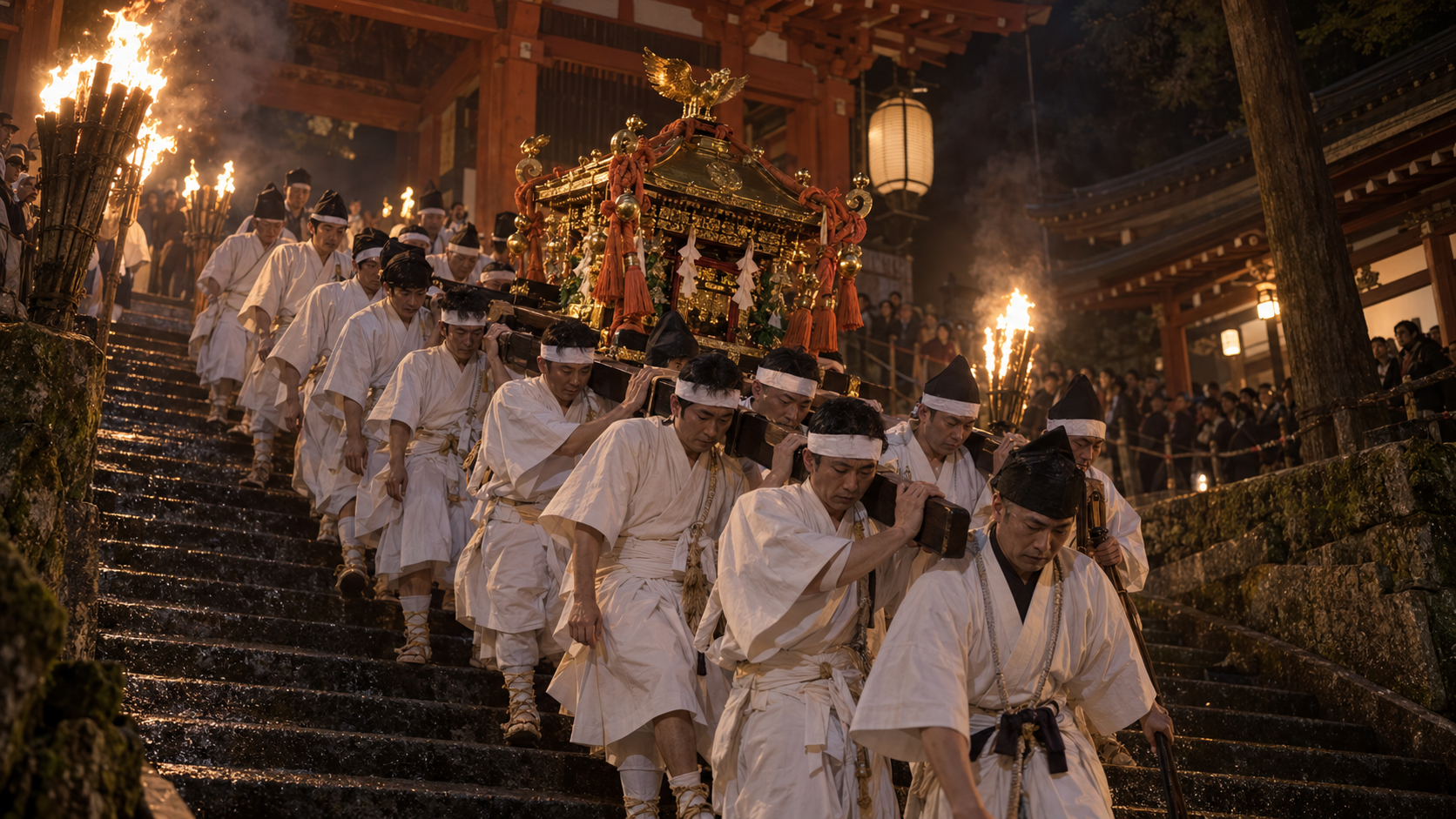 鞍馬の火祭で松明に照らされた石段を神輿が下る神輿渡御
