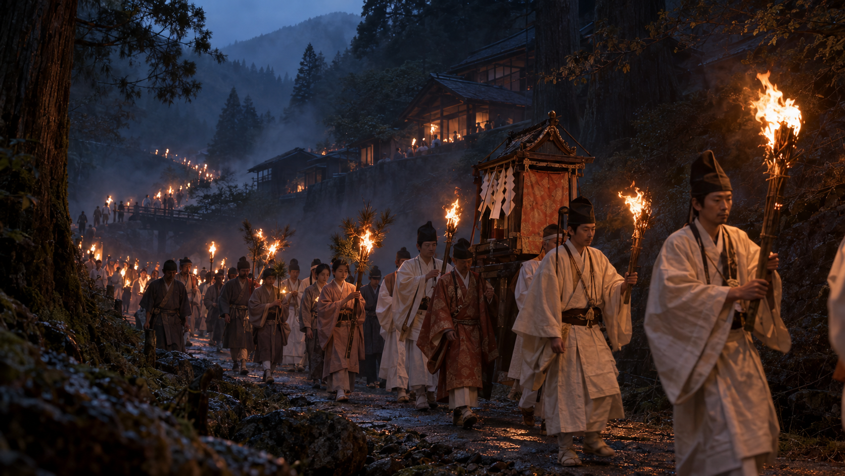 鞍馬の山道を松明を持った人々が進む鞍馬の火祭の由来を表現した行列