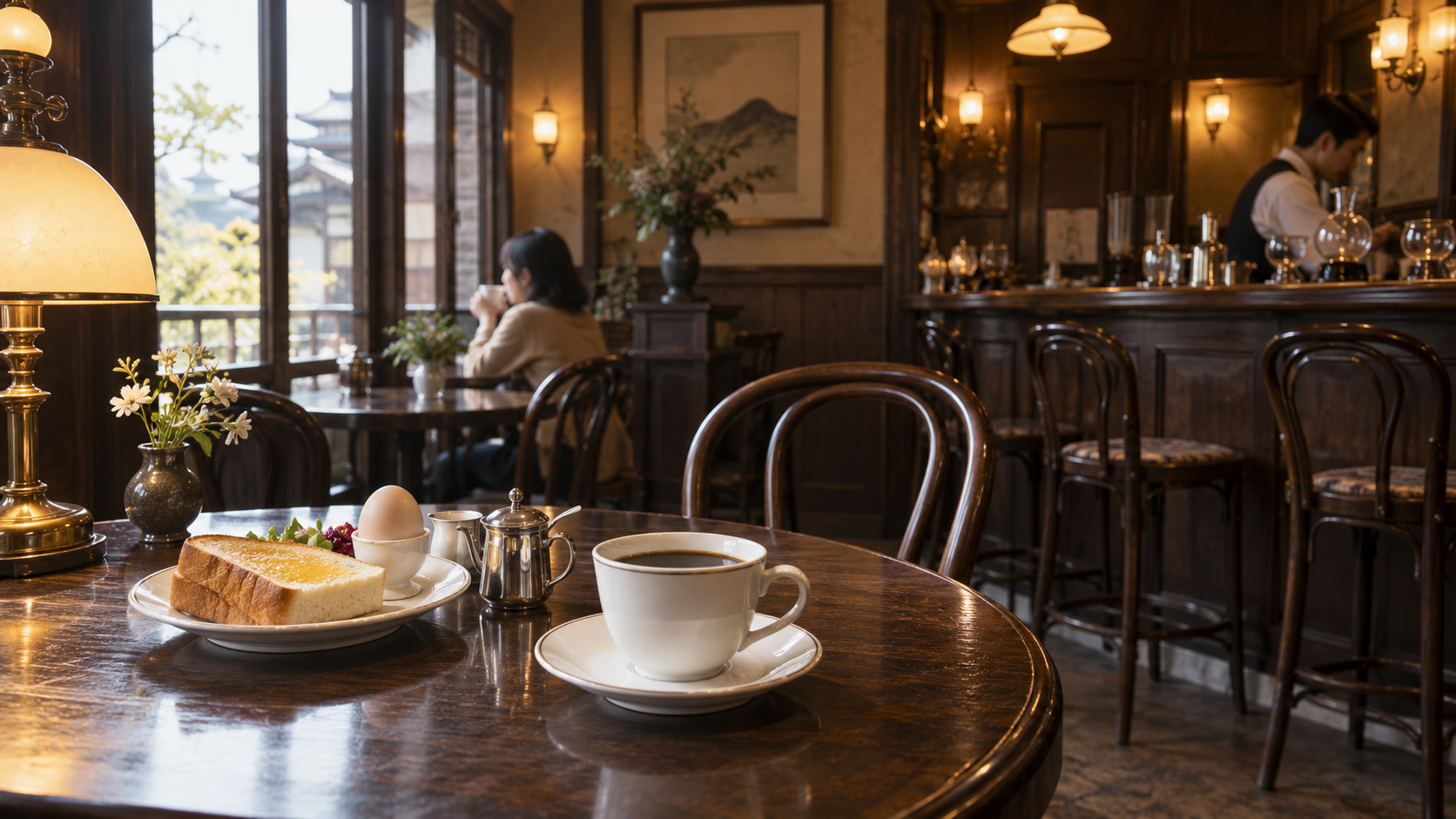 京都の老舗喫茶を思わせる店内とコーヒー、トーストのモーニング