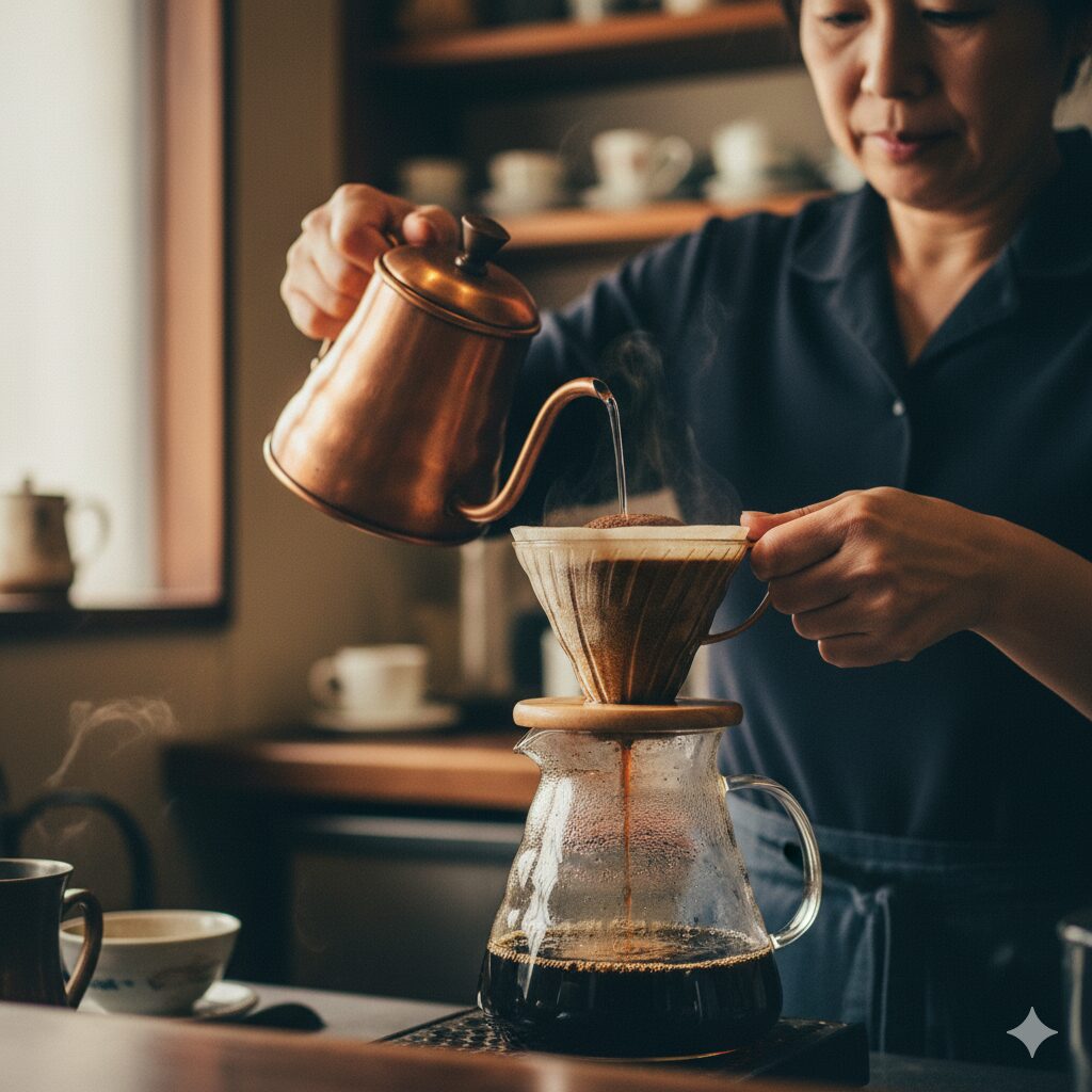 京都の自家焙煎専門店に設置された大型のコーヒーロースターと焙煎されるコーヒー豆