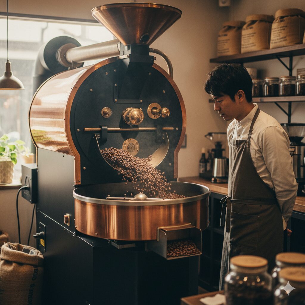 京都の自家焙煎専門店に設置された大型のコーヒーロースターと焙煎されるコーヒー豆