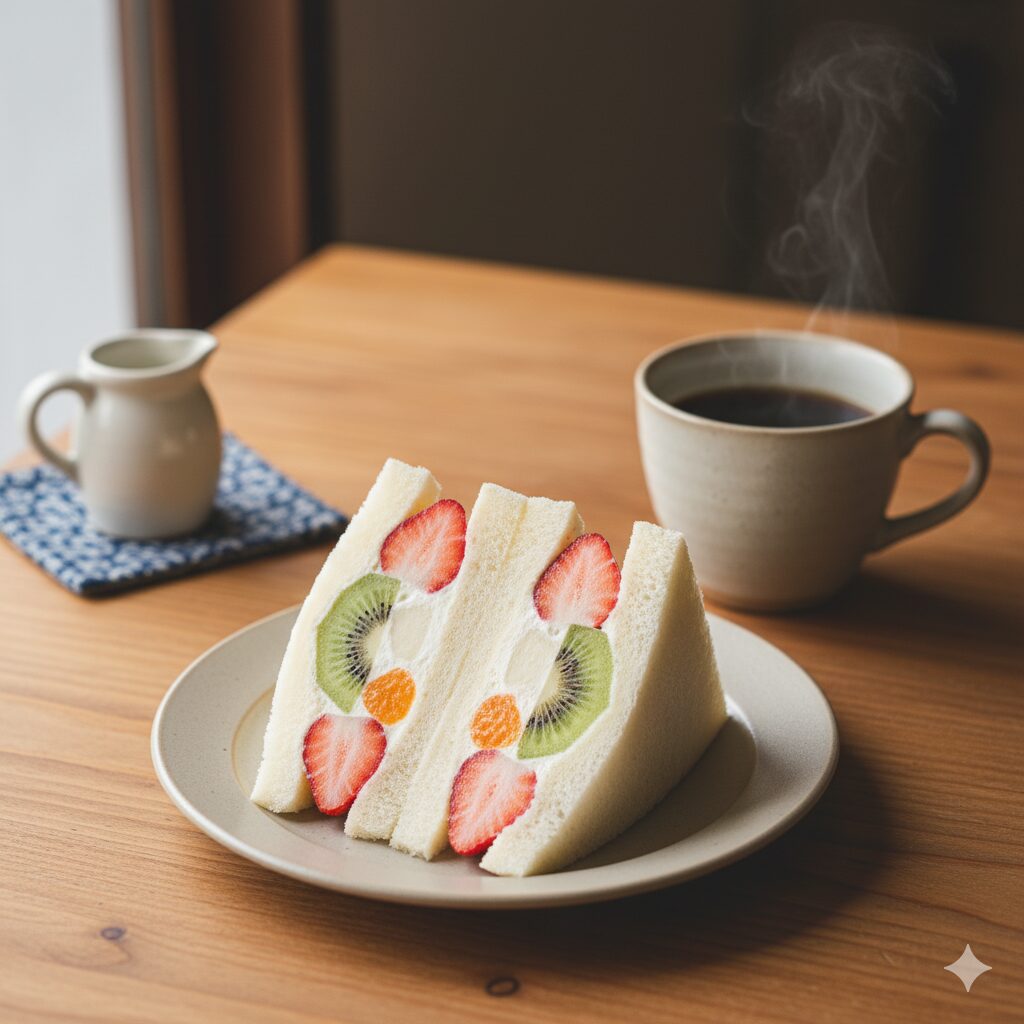 京都のカフェの木製テーブルに置かれた、美しい断面のフルーツサンドと淹れたてのコーヒー