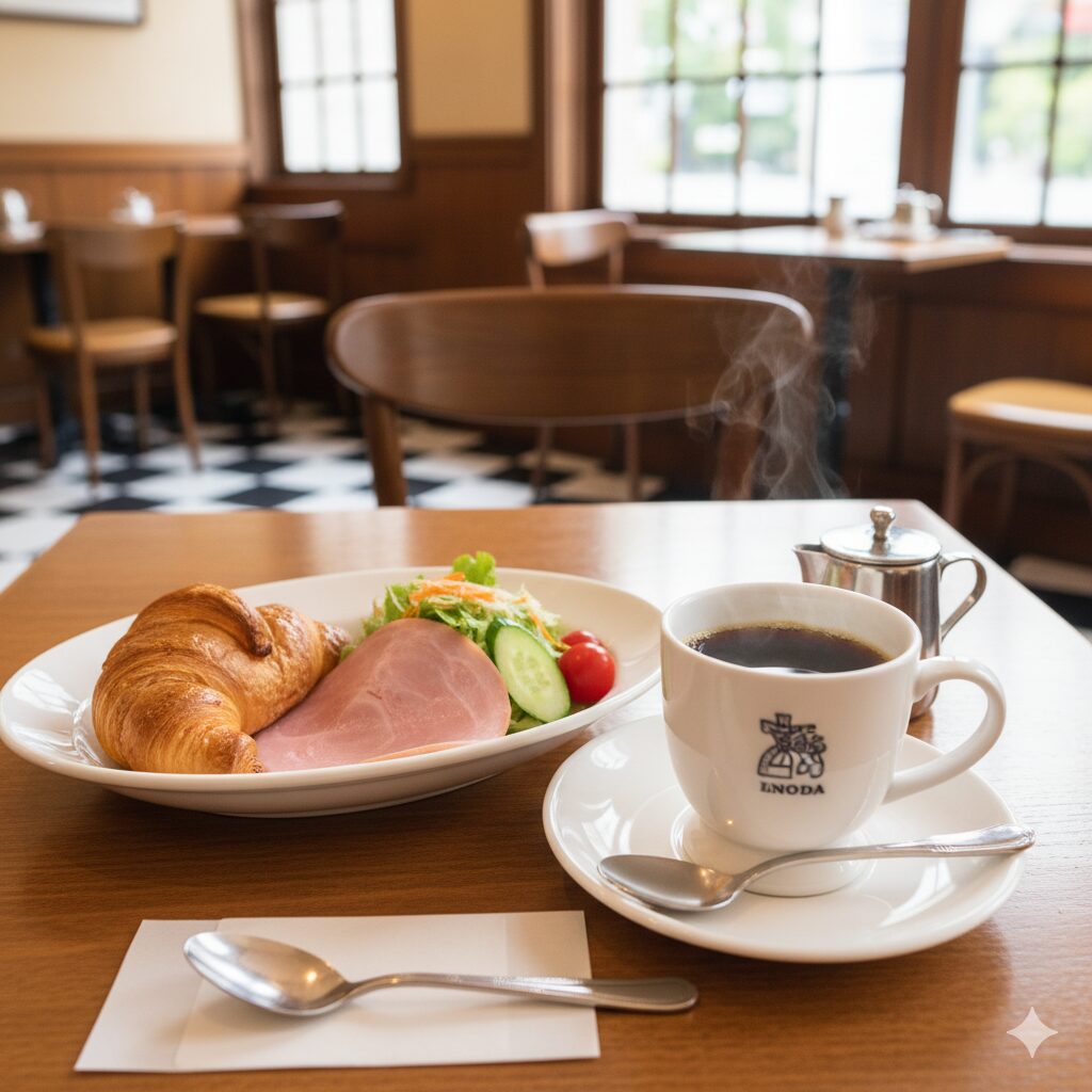 京都の老舗イノダコーヒで提供される有名な「京の朝食」セット（コーヒー、クロワッサン、ハム、サラダ）