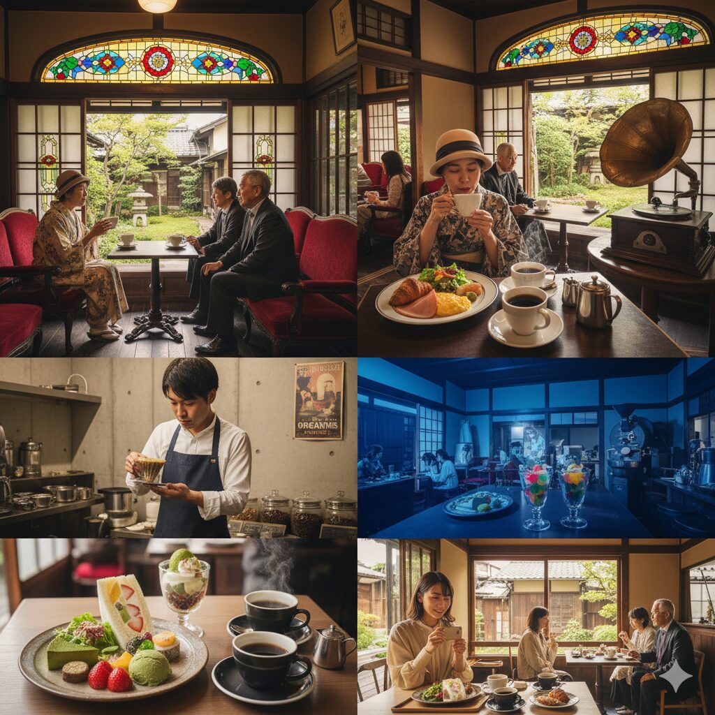 イノダコーヒ本店で「京の朝食」を楽しむ人々。伝統的な和の庭園を背景に、コーヒーやモーニングプレート、そしてレトロな雰囲気の店内で会話を楽しむ客の姿。