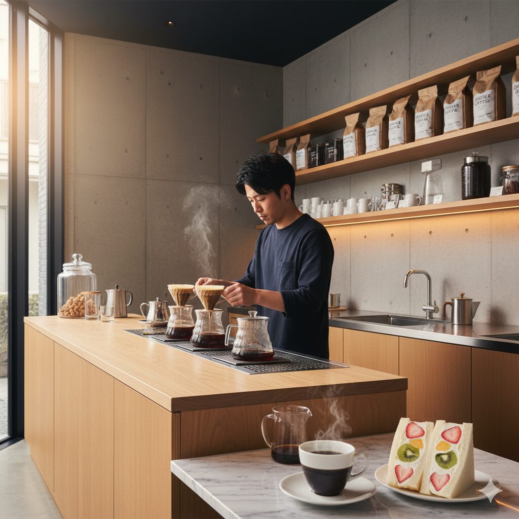 小川珈琲のモダンな店内で、バリスタが丁寧にハンドドリップでコーヒーを淹れている様子。手前にはフルーツサンドと淹れたてのコーヒーが置かれている。