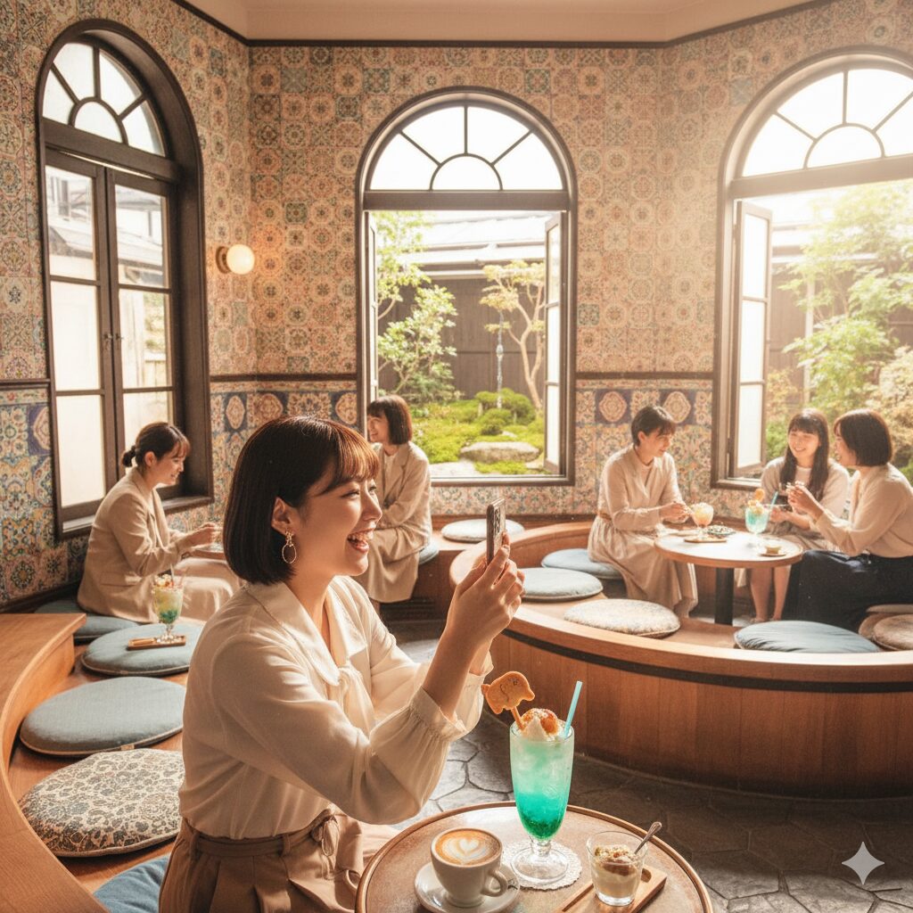 京都のおしゃれなカフェで、若者たちが楽しそうに過ごしている様子。カラフルなクリームソーダやラテをスマートフォンで撮影したり、会話を楽しんだりしている。