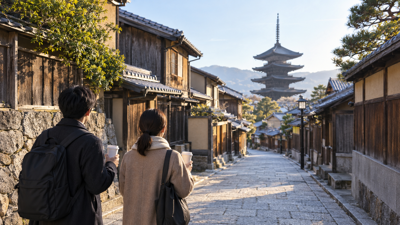 コーヒーを手に京都・東山の町並みを散策する日本人旅行者