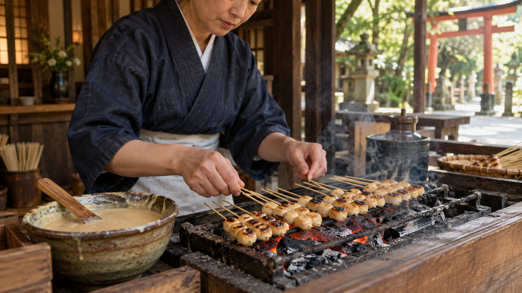 京都の今宮神社門前で炭火を使って焼かれるあぶり餅