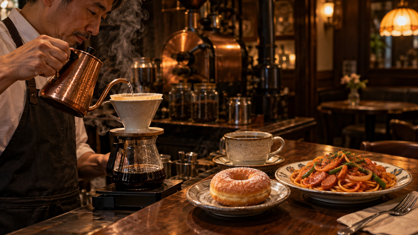 京都の喫茶店で楽しむ自家焙煎コーヒーとドーナツ、ナポリタン