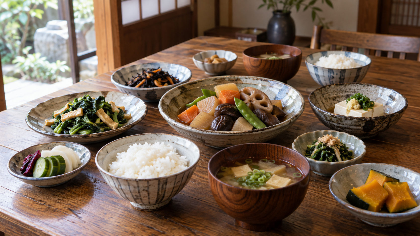 煮物や青菜と油揚げなど京都のおばんざいが並ぶ家庭の食卓