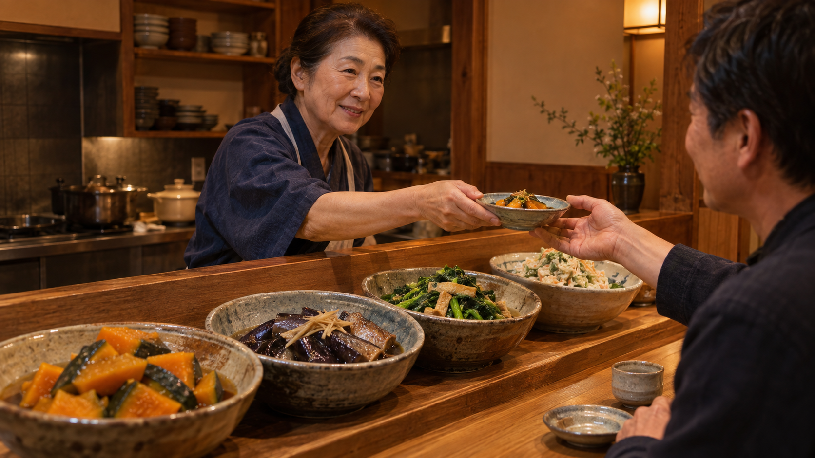 大鉢のおばんざいを日本人客に提供する京都の小料理店