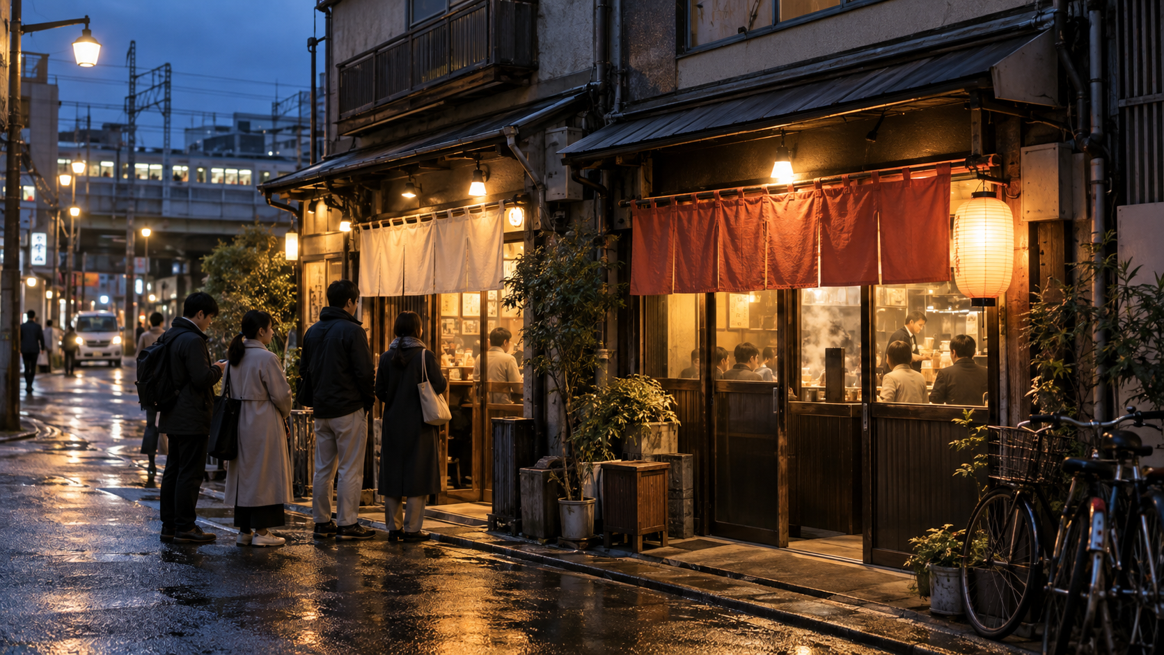 京都駅のたかばし周辺に並ぶ老舗ラーメン店をイメージした夕景