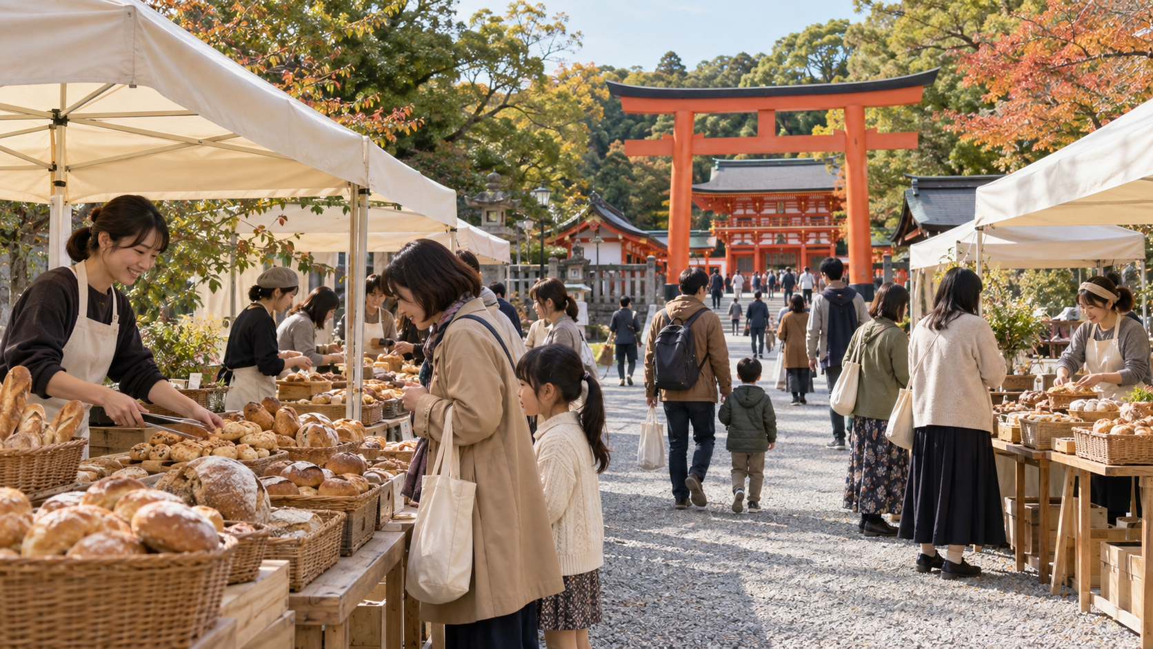 京都の神社境内でパン店が並ぶ秋のパンフェスティバルのイメージ