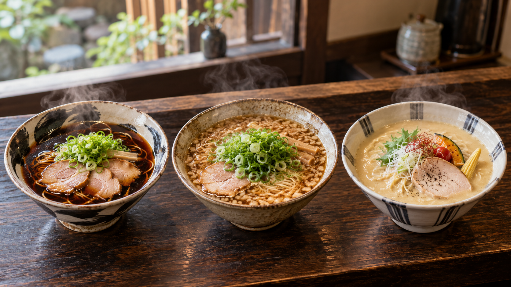 濃色醤油・背脂醤油・濃厚鶏系をイメージした3種類の京都ラーメン